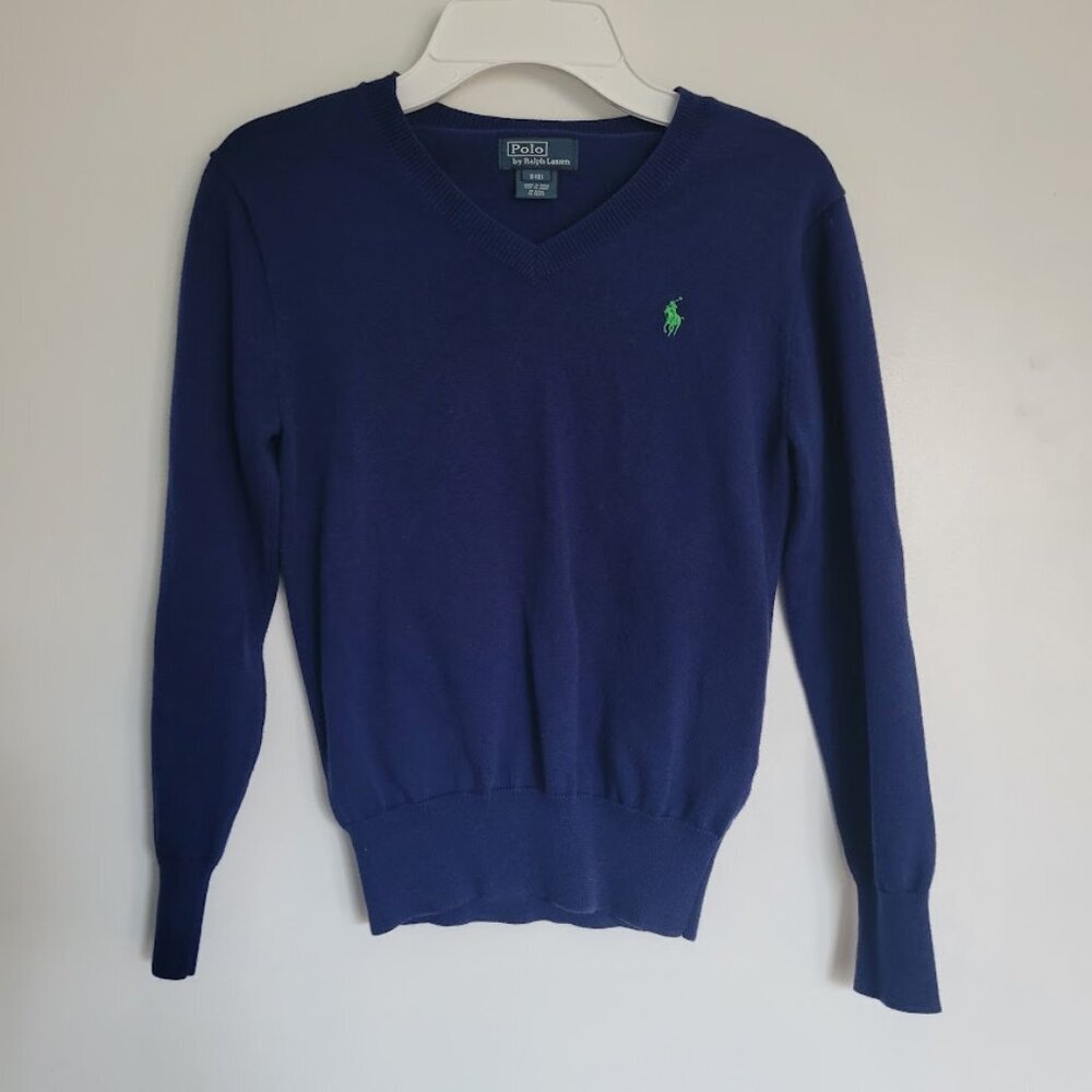 Polo by Ralph Lauren Boys Small (8) Blue Sweater 100% Cotton Vneck Long Sleeve